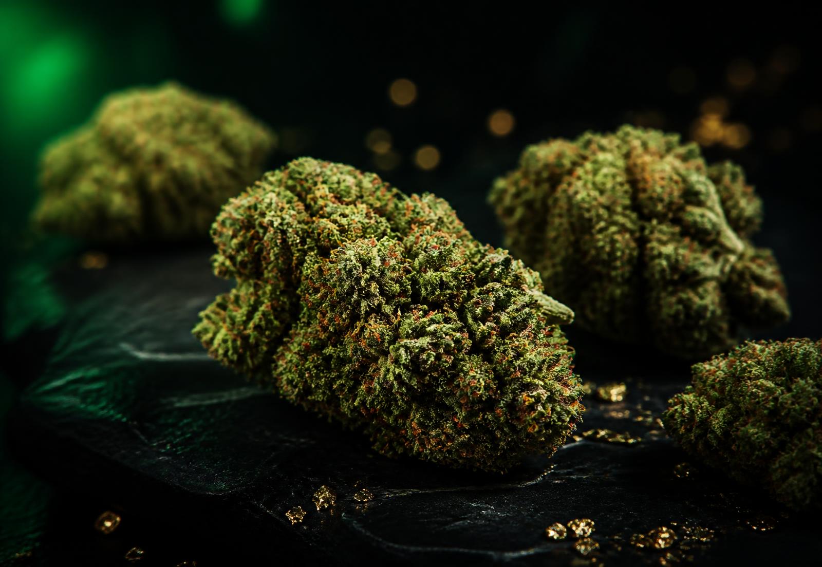 Premium cannabis flower on a dark slate surface